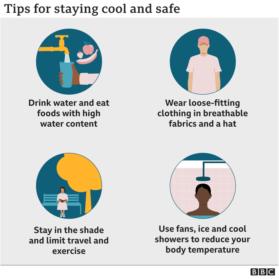 A graphic shows tips for staying cool and safe: Drink water and eat foods with high water content; wear loose-fitting clothing in breathable fabrics and a hat; stay in the shade and limit travel and exercise; use fans, ice and cool showers to reduce body temperature.