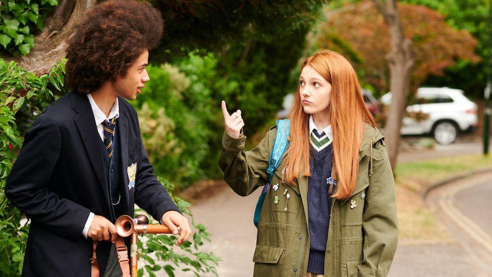 Zac Looker (l), who plays Toby Pilgrim, with Emily Carey