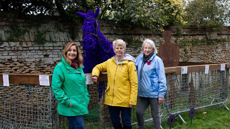 Three ladies with the horse covered in poppies