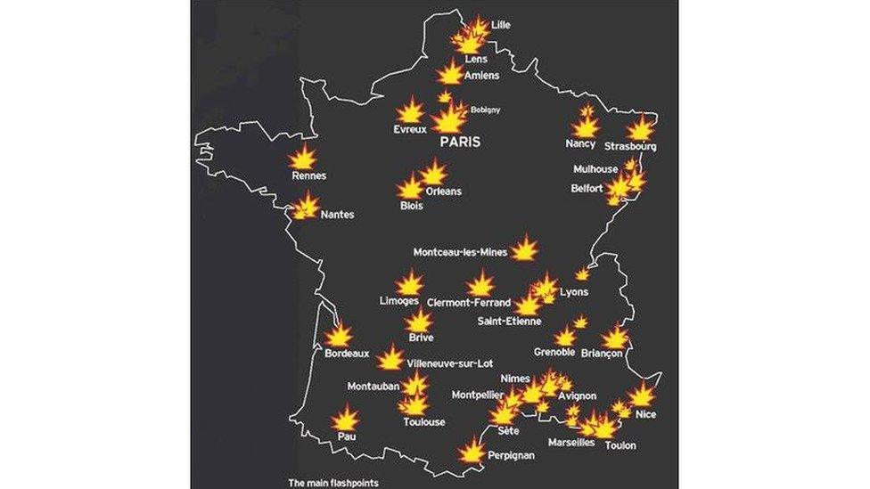 Map falsely claimed to depict recent rioting in France