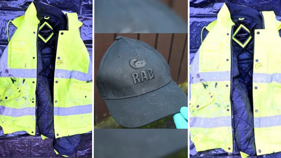 A collage of three photos. Two of the photos show a heavy duty hi-vis jacket with a black lining and covered in stains. The third image is of a black baseball cap with a "RAB" logo on the front.