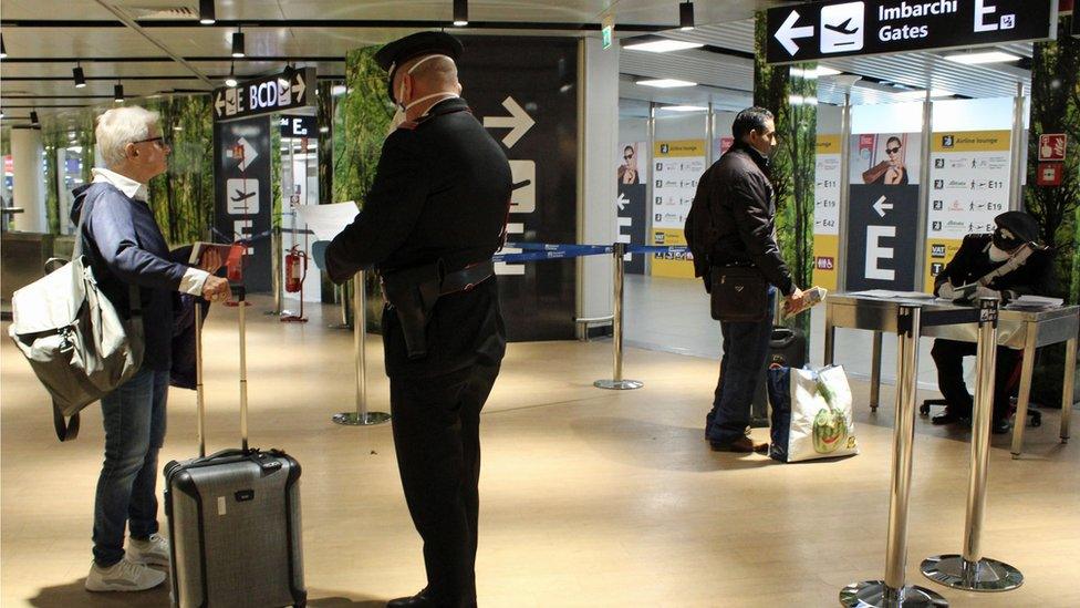 Passengers must make a self-certification in order to depart from Rome at the "Leonardo Da Vinci" airport, in Rome, Italy,