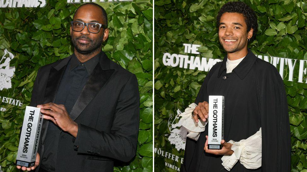 Director RaMell Ross and actor Brandon Wilson pose with the Best Director and Breakthrough Performer awards respectively for "Nickel Boys" at the 34th Annual Gotham Awards held at Cipriani Wall Street on December 02, 2024 in New York