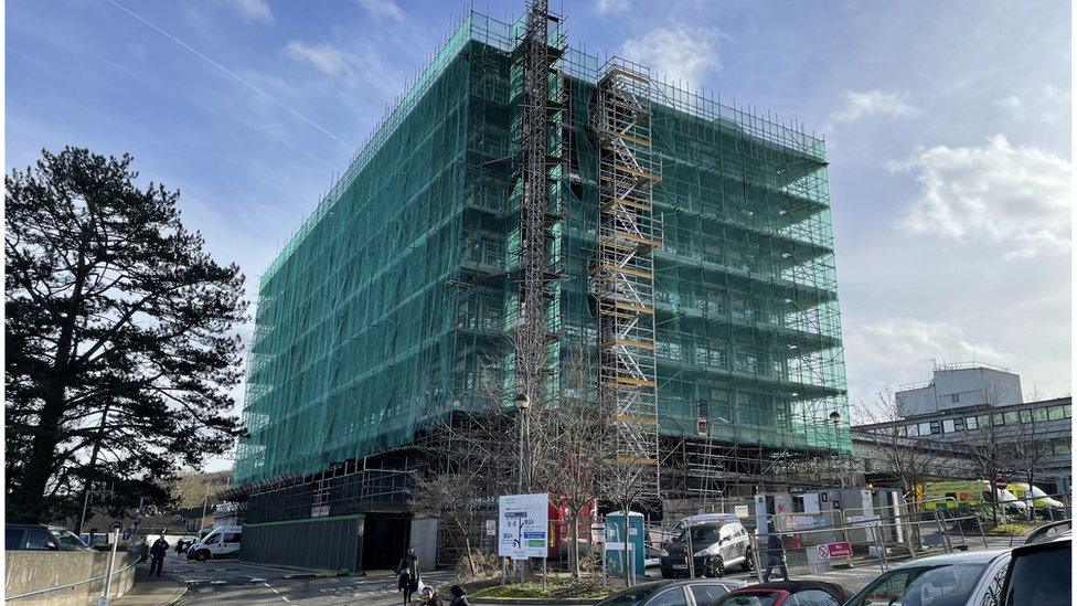 Wycombe Hospital covered in scaffolding