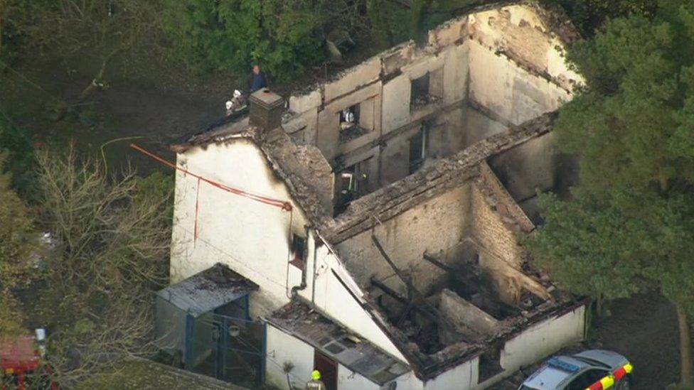 A view of the gutted house from above