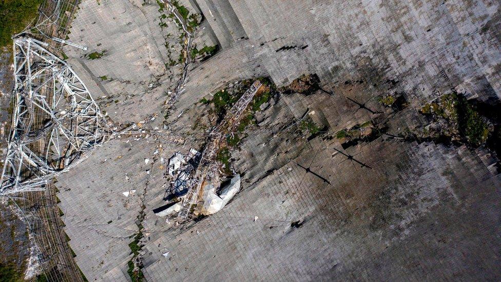 This aerial view shows the damage at the Arecibo Observatory after one of the main cables holding the receiver broke in Arecibo, Puerto Rico, on December 1, 2020.