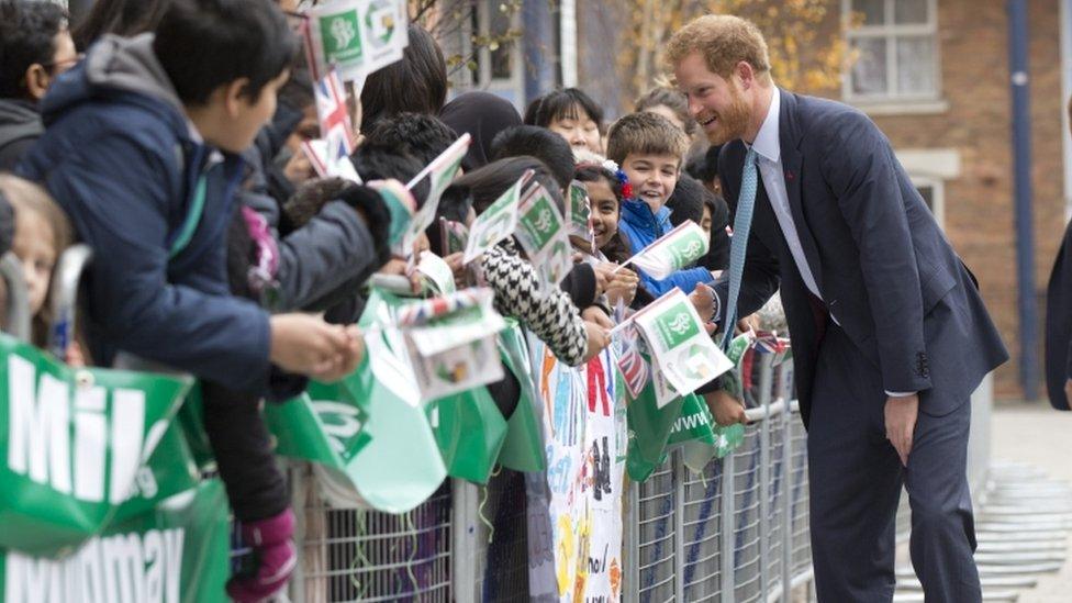 Prince Harry with pupils from Virginia Primary School