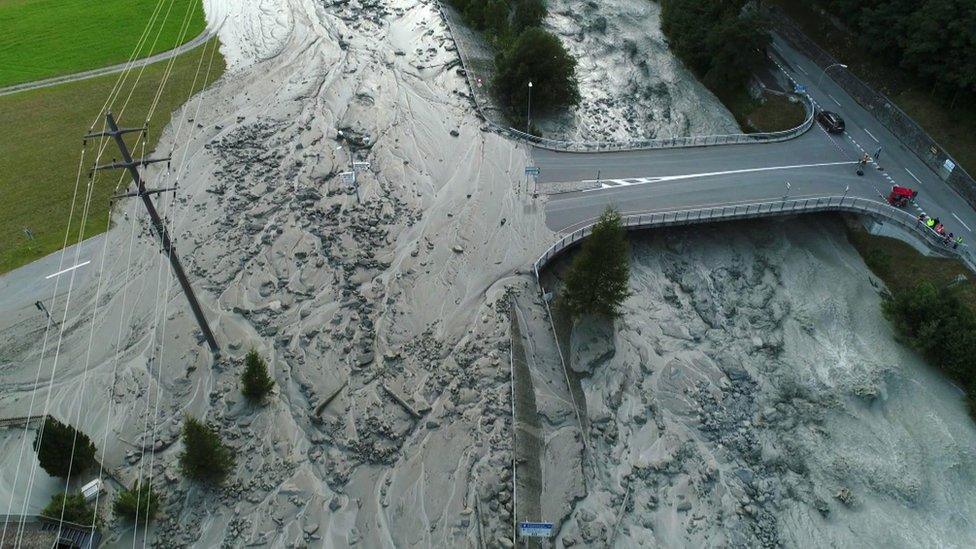 The Swiss village of Bondo after a landslide struck, sending mud, rocks and dirt flooding down the Piz Cengalo mountain into the outskirts of the village, near the Italian border, 24 August 2017