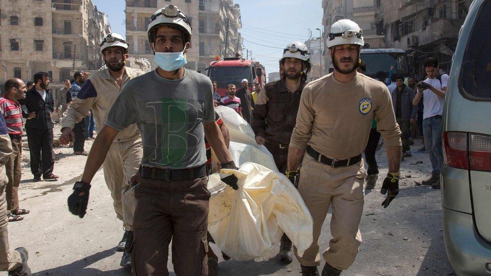 Aftermath of air strike in rebel-held neighbourhood of Tareeq al-Bab in the northern Syrian city of Aleppo. 23 April 2016