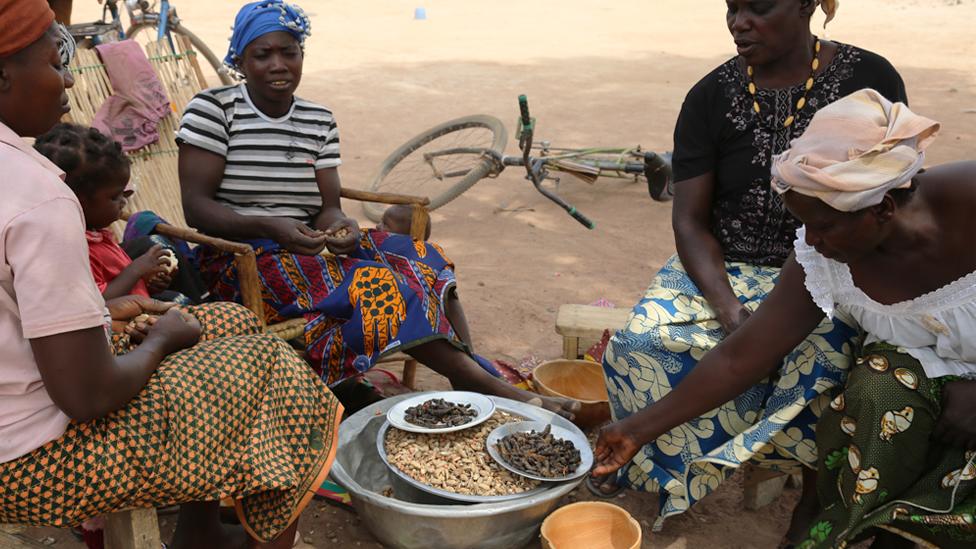 Women sit together to eat caterpillars