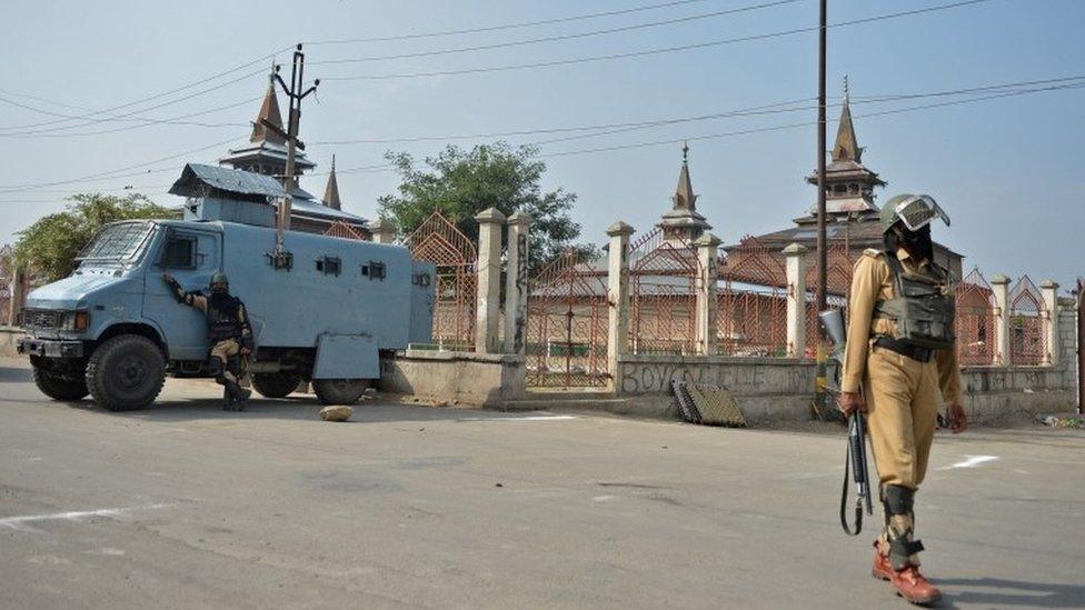 Indian government security forces patrol during the Muslim festival of Eid-ul-Adha during a curfew in Srinagar on September 13, 2016.