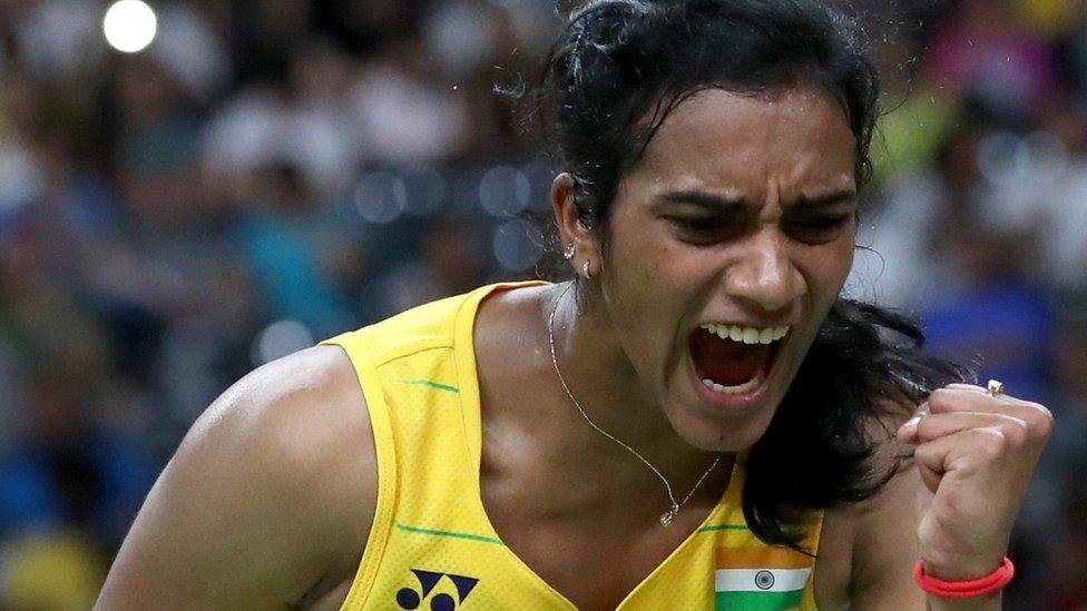 Sindhu Pusarla of India reacts during her game against Yihan Wang of China in Women"s Singles Quarterfinal of the Rio 2016 Olympic Games