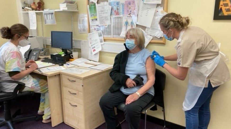 Gwerfyl Gregory receives her first dose of Pfizer vaccine at Ty Doctor in Nefyn