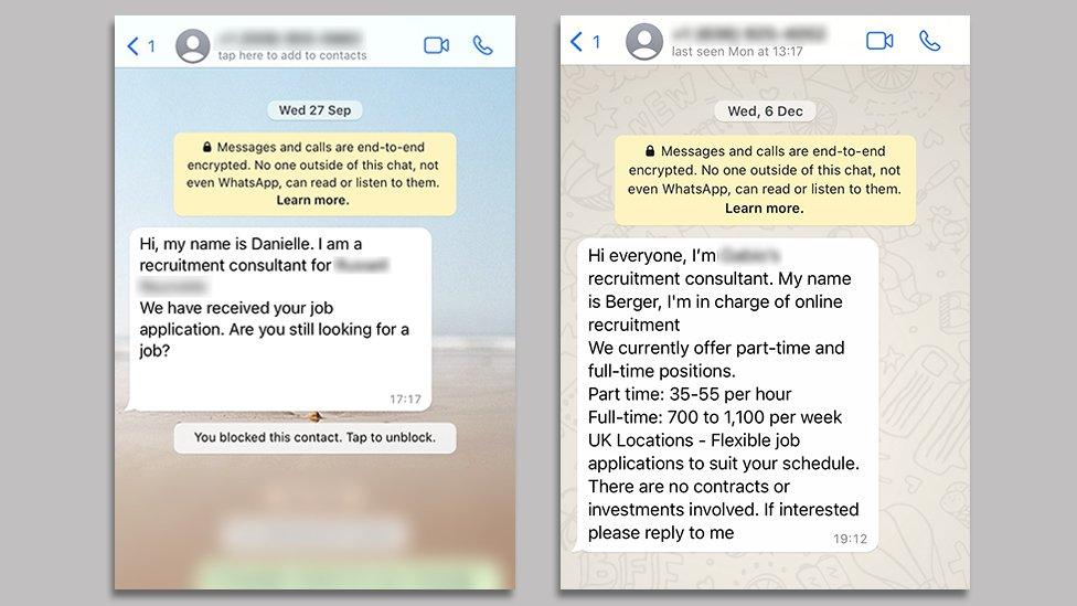 Two recruitment scam messages