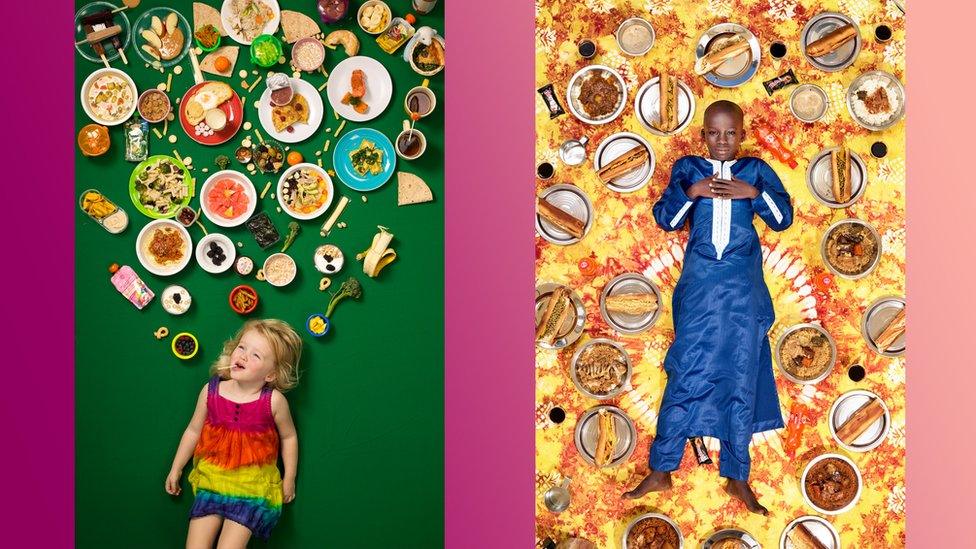 two photos of kids surrounded by food