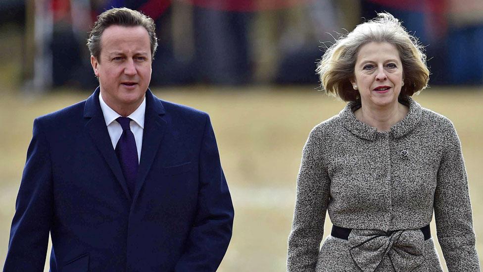 Prime Minister David Cameron and Home Secretary Theresa May arrive for a ceremonial welcome for the President of Singapore at Horse Guards Parade in London - 21 October 2014