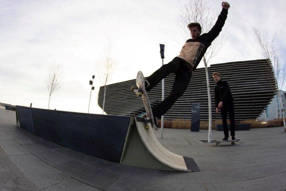 Lewis Allan skating ramps made by Mickey Fenton outside the V&A