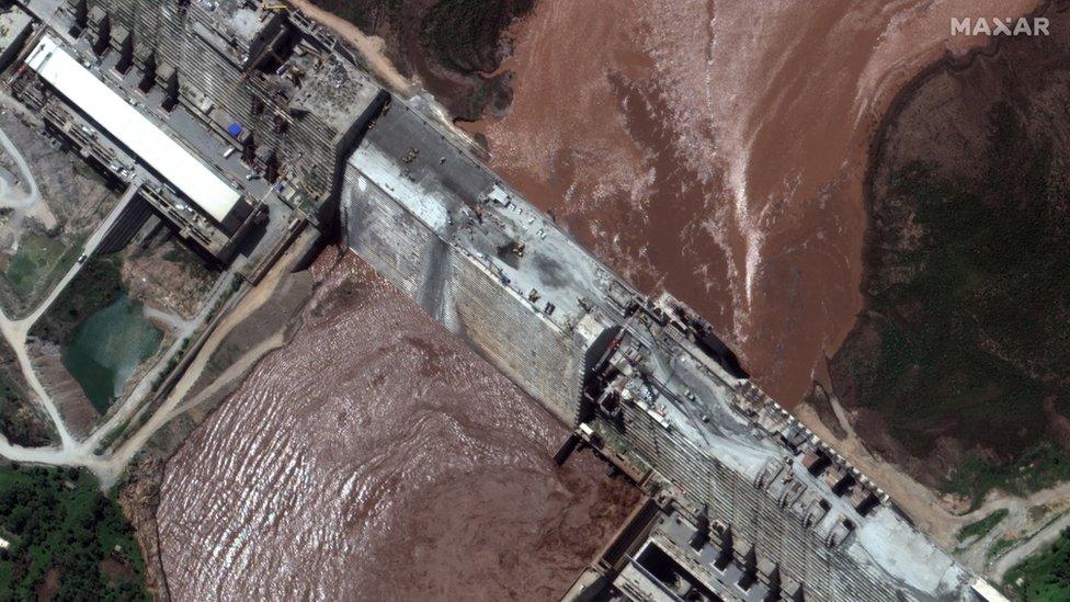 A satellite image made available by MAXAR Technologies shows a close-up view of the Grand Ethiopian Renaissance Dam (GERD) and the Blue Nile River, in the Benishangul-Gumuz region of Ethiopia, 26 June 2020.