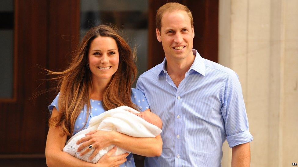 Prince George with his parents the Duke and Duchess of Cambridge making his public appearance outside the Lindo wing off Mary's Hospital in London at just one-day-old.