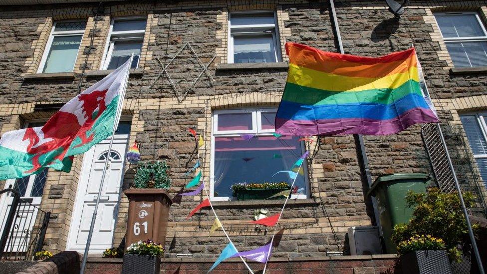 Terrace with flags during lockdown