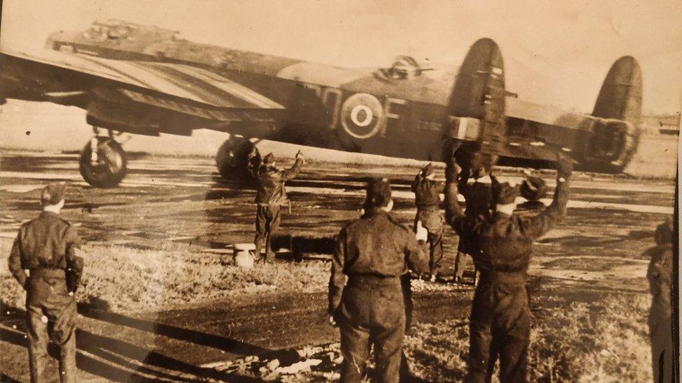 Picture believed to have been taken by George Osborne of a Lancaster bomber taking off