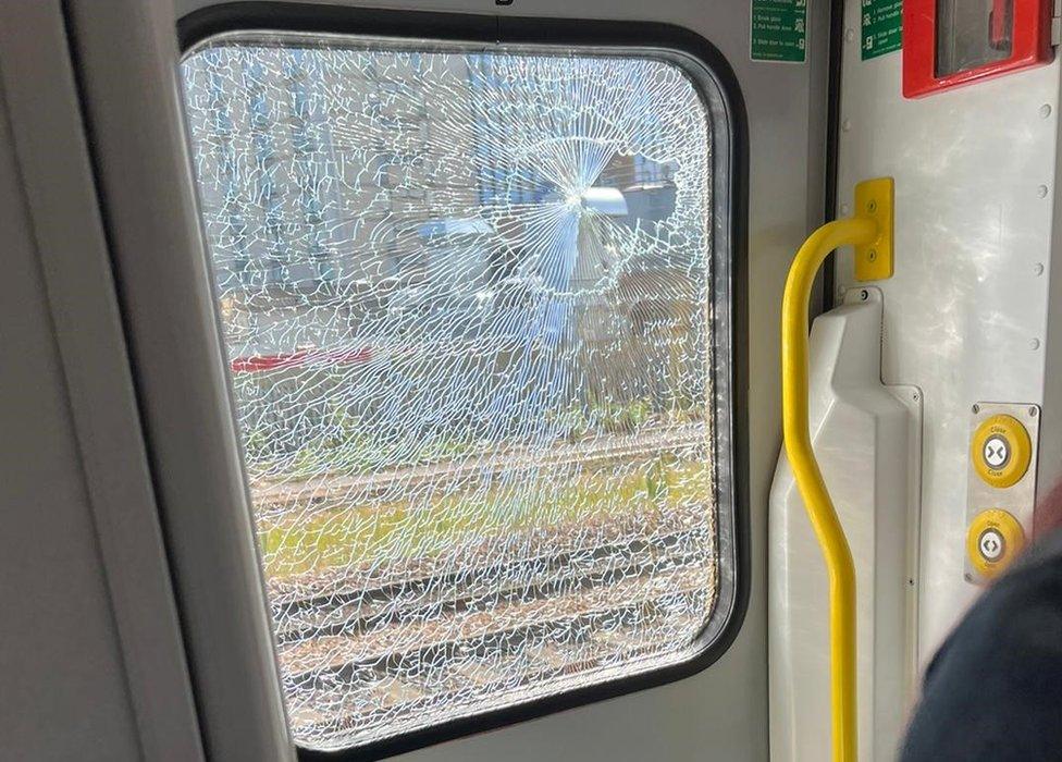 Shattered train window