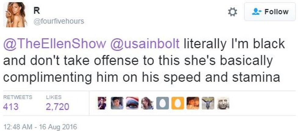 R tweets: "Literally I'm black and don't take offense to this she's basically complimenting him on his speed and stamina"