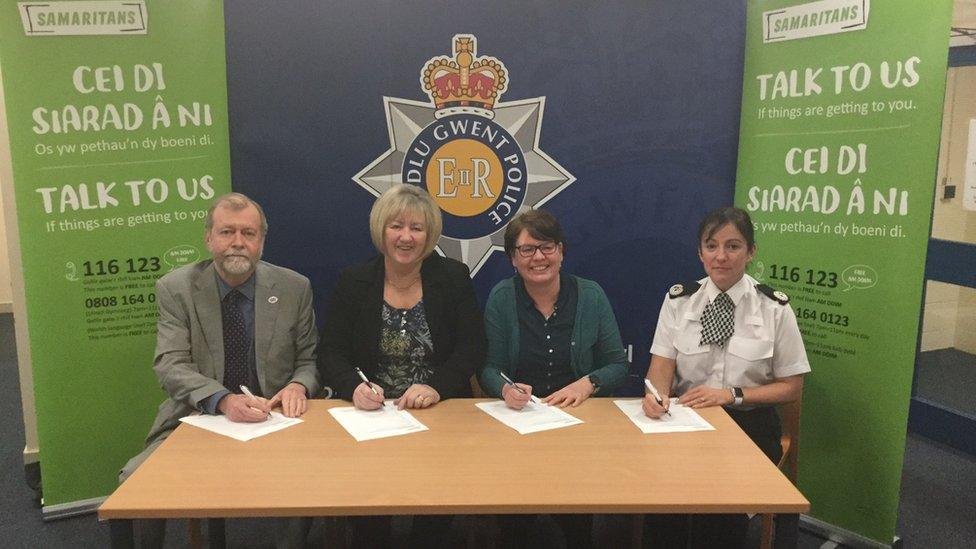 From left to right: Police and Crime Commissioner for Gwent, Jeff Cuthbert, Carol Fradd, Branch Director for Newport Samaritans, Susan Francis, Project Officer for Samaritans South Wales Valleys Project and Assistant Chief Constable, Rhiannon Kirk, Gwent Police.