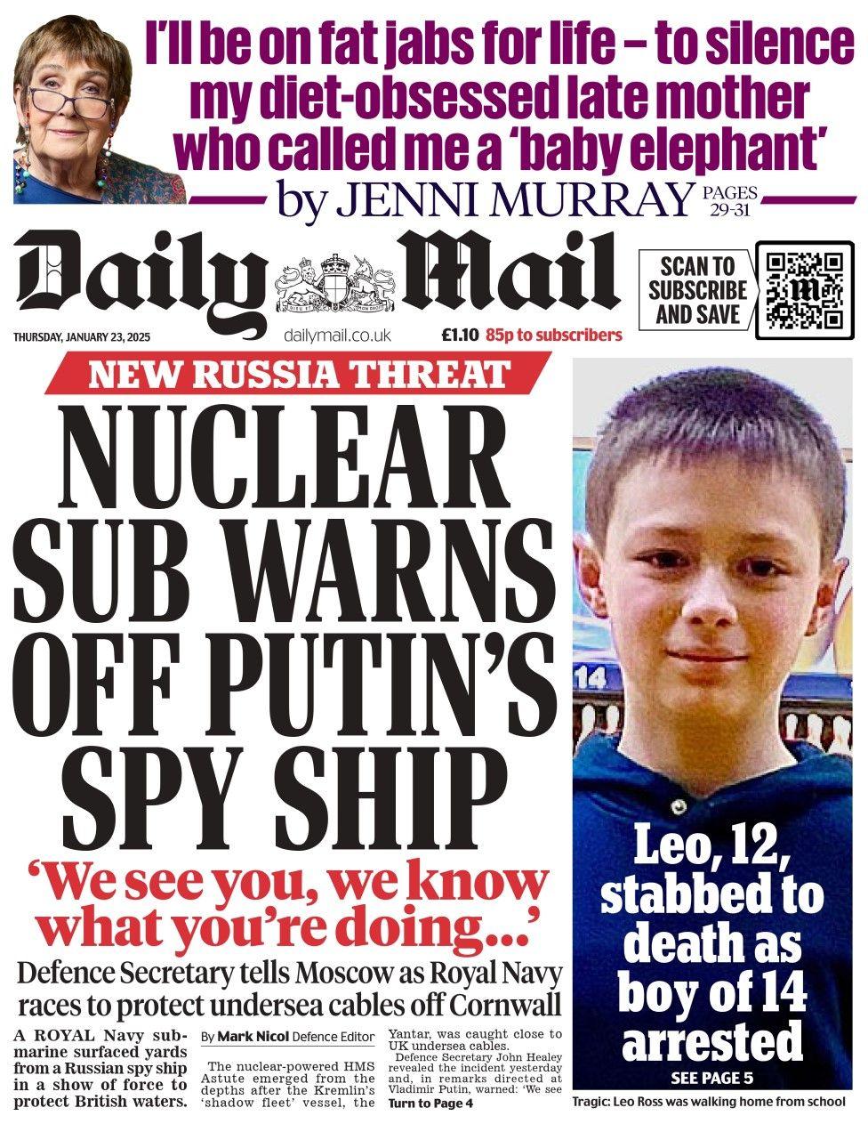 The headline in the Daily Mail read: Nuclear sub warns off Putin's spy ship