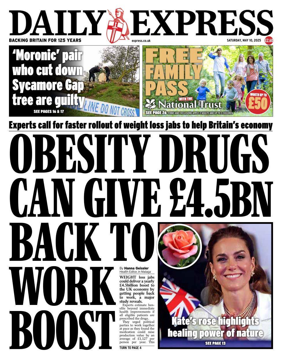 Daily Express front page on Saturday 10 May 2025