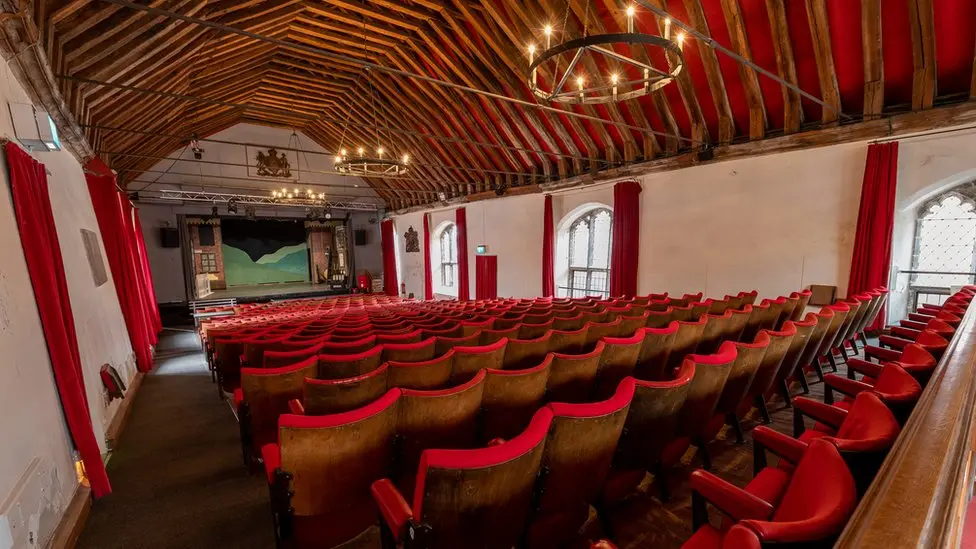 Internal view of St Georges Guildhall with the Elizabethan beams restored to the performance space. 