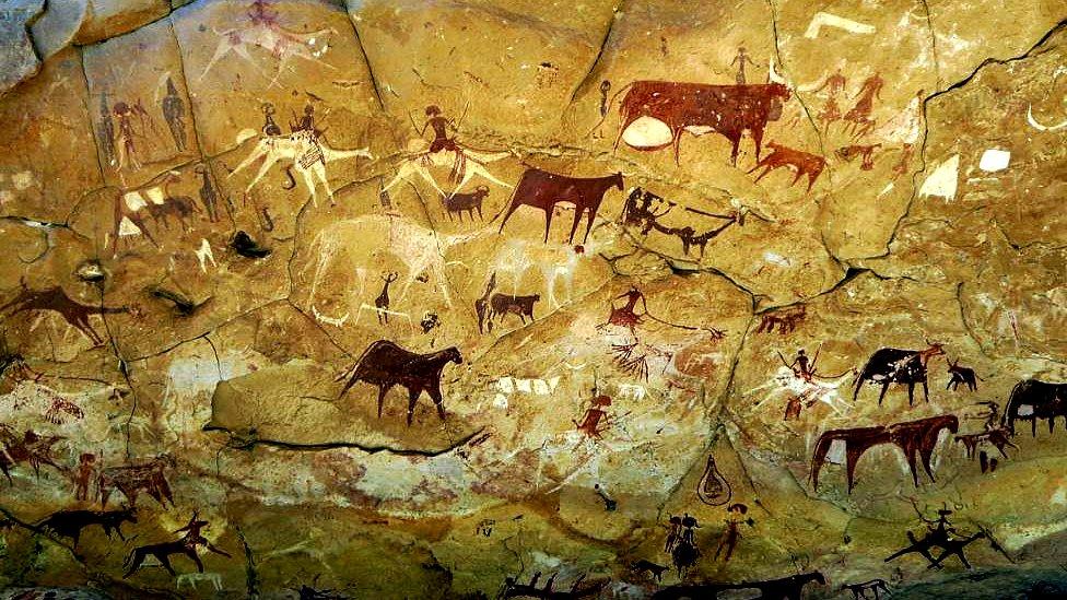 Depicting of a pastoral scene in a cave painting in the Ennedi desert