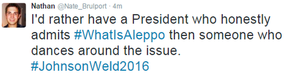 A tweet reads: I'd rather have a President who honestly admits #WhatIsAleppo then someone who dances around the issue. #JohnsonWeld2016