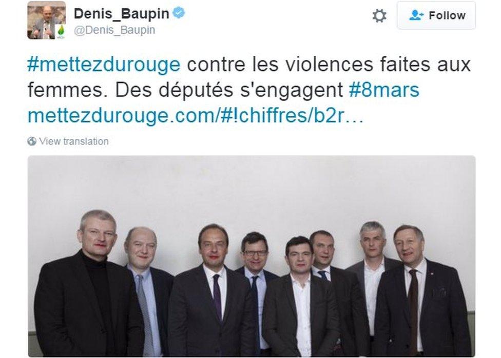 Denis Baupin tweets support for a campaign targeting violence against women (8 March)