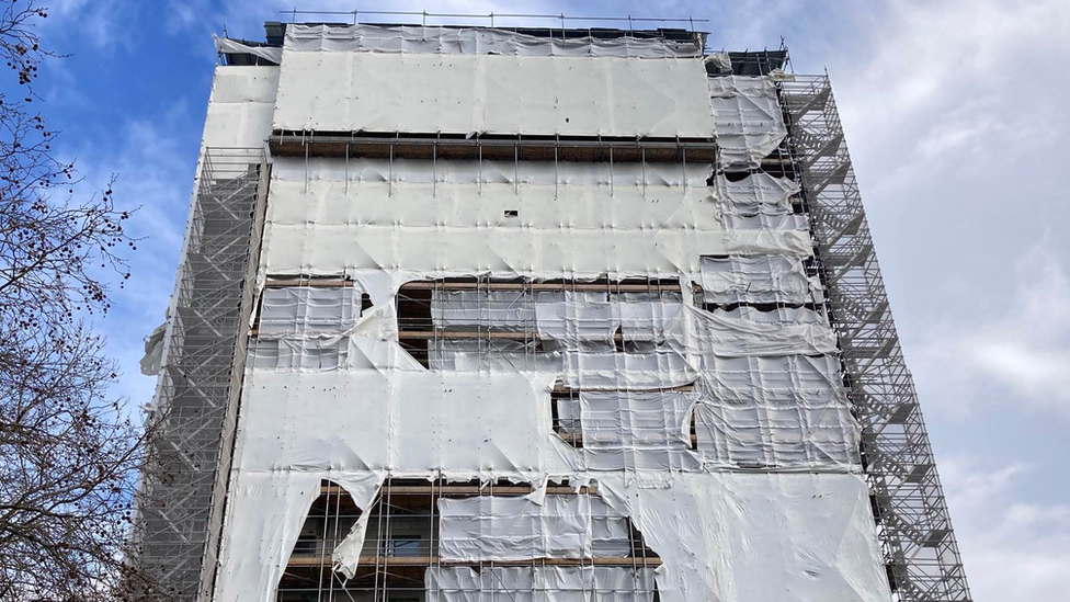 St Francis Tower, Ipswich wrapped in protective plastic and scaffolding