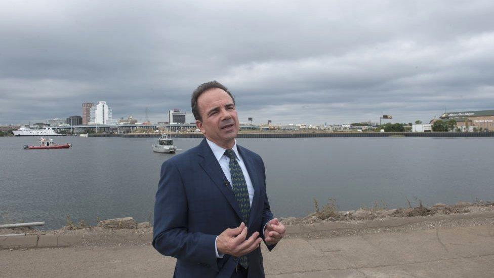 Bridgeport Mayor Joe Ganim speaking at a press conference near the city's waterfront