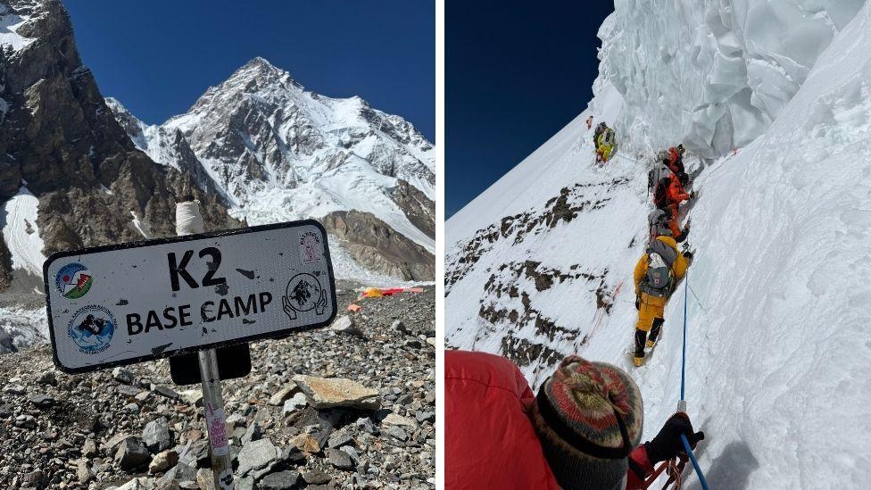 A composite image of K2, a snowy mountain, pictured from the ground, and of climbers, wearing brightly coloured snow suits, making their way along a narrow path on a steep, snowy slope.
