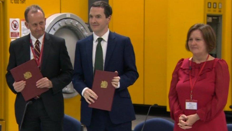 Sir Steve Houghton, George Osborne and Julie Dore at the signing of the in-principle agreement in 2015