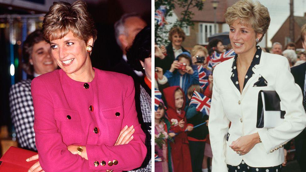 A composite showing two pictures of Diana, Princess of Wales. In both images she is wearing a suit by Paul Costelloe. The suit on the left is bright pink with gold buttons, while the one on the left is a white jacket over a black shirt with white polka dots. 

