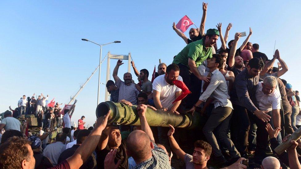 People climbing on a tank