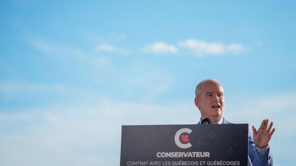 Canada's opposition Conservative party leader Erin O'Toole speaks in Quebec City