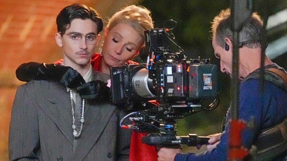 Gwyneth Paltrow and Timothée Chalamet pictured on the set of their new movie