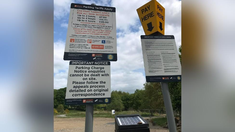 The car park and signs