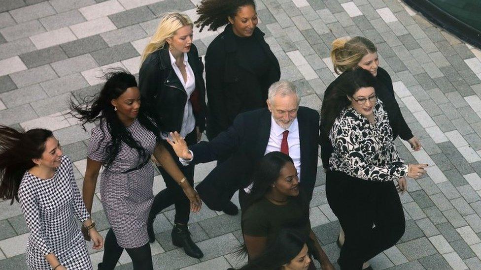 Jeremy Corbyn with Labour Party members as he enters the conference arena in Liverpool