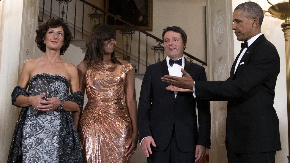 US President Barack Obama (right) and First Lady Michelle Obama (second left) with Italian Prime Minister Matteo Renzi and Italian First Lady Agnese Landini at the White House, 18 October 2016