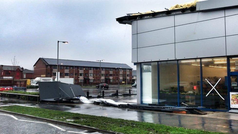 Part of Devonshire Road in Blackpool is closed after the roof of a Lidl store, which is currently under construction, blew off