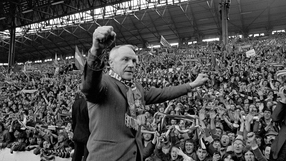 Bill Shankly in front of the Kop after Liverpool became league champions in 1973