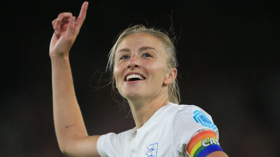 Leah William celebrates after winning the UEFA Women's Euro 2022 semi-final football match between England and Sweden in 2022.