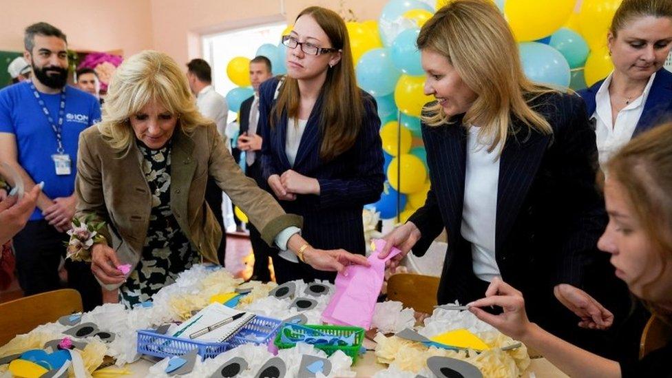 Jill Biden and Olena Zelenska at the school