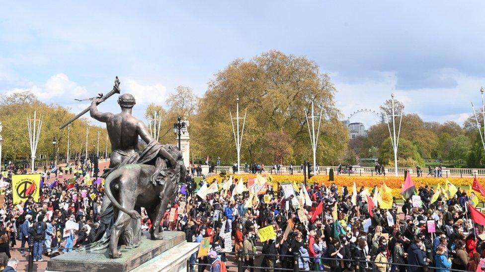 Demonstrators during a march through central London during a "Kill the Bill" protest in London